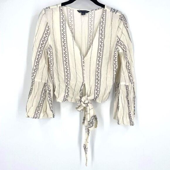 American Eagle Boho Tie Crop blouse Top Angel bell sleeve XS Country Cowgirl - Picture 2 of 10